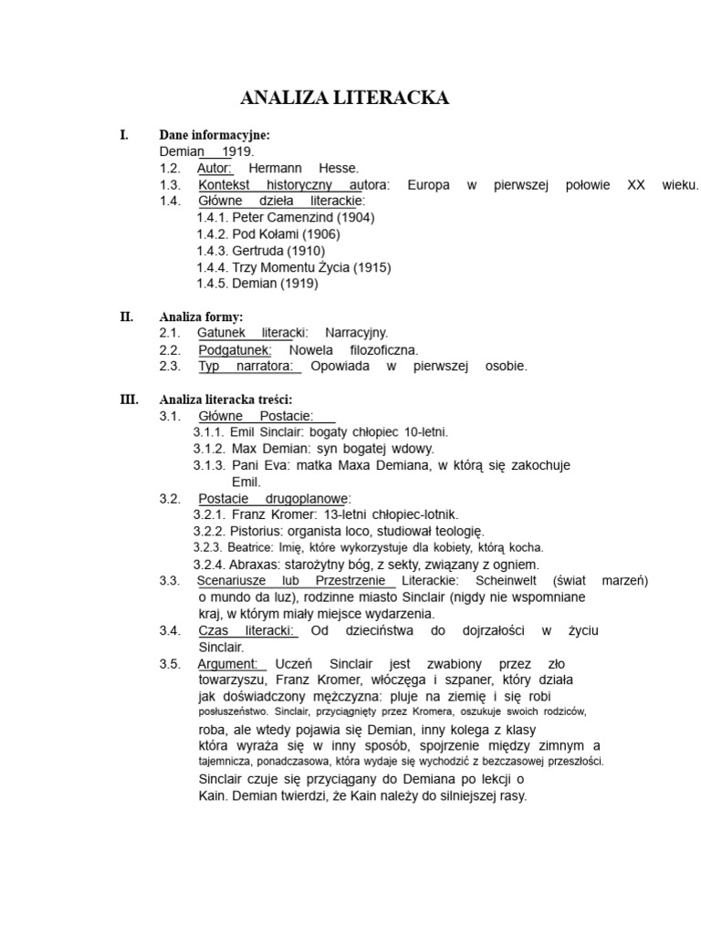 Analiza Literacka Demiana Hermanna Hessego | PDF