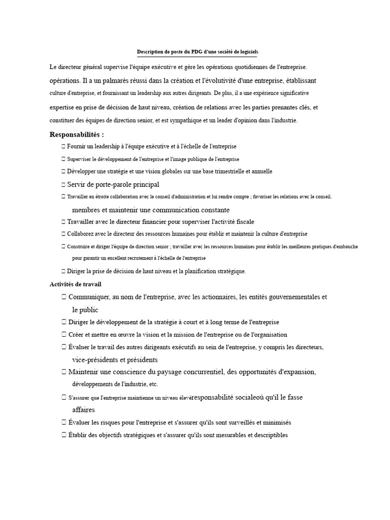 Description du poste de PDG en logiciels | PDF | Business | Direction