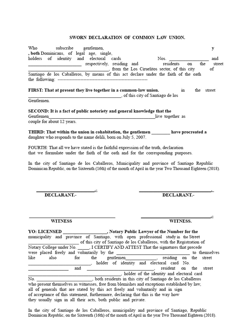 Sworn Declaration of Common Law Union | PDF | Notary Public | Social ...