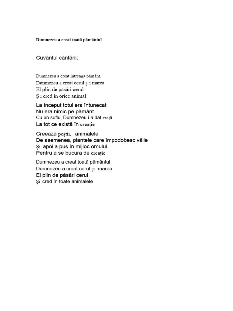 Cântecul Dumnezeu A Creat Toată Pământul | PDF