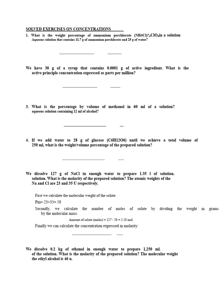Solved Concentration Problems and Answers | PDF | Concentration | Mass ...