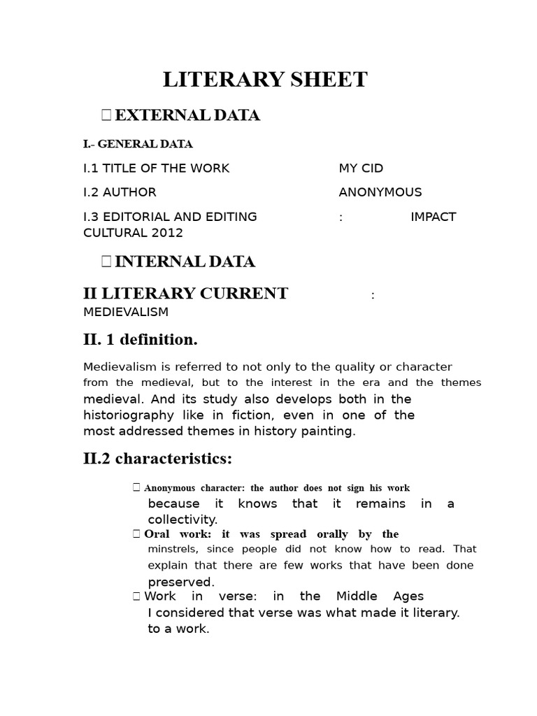 Literary Sheet. My Cid | PDF