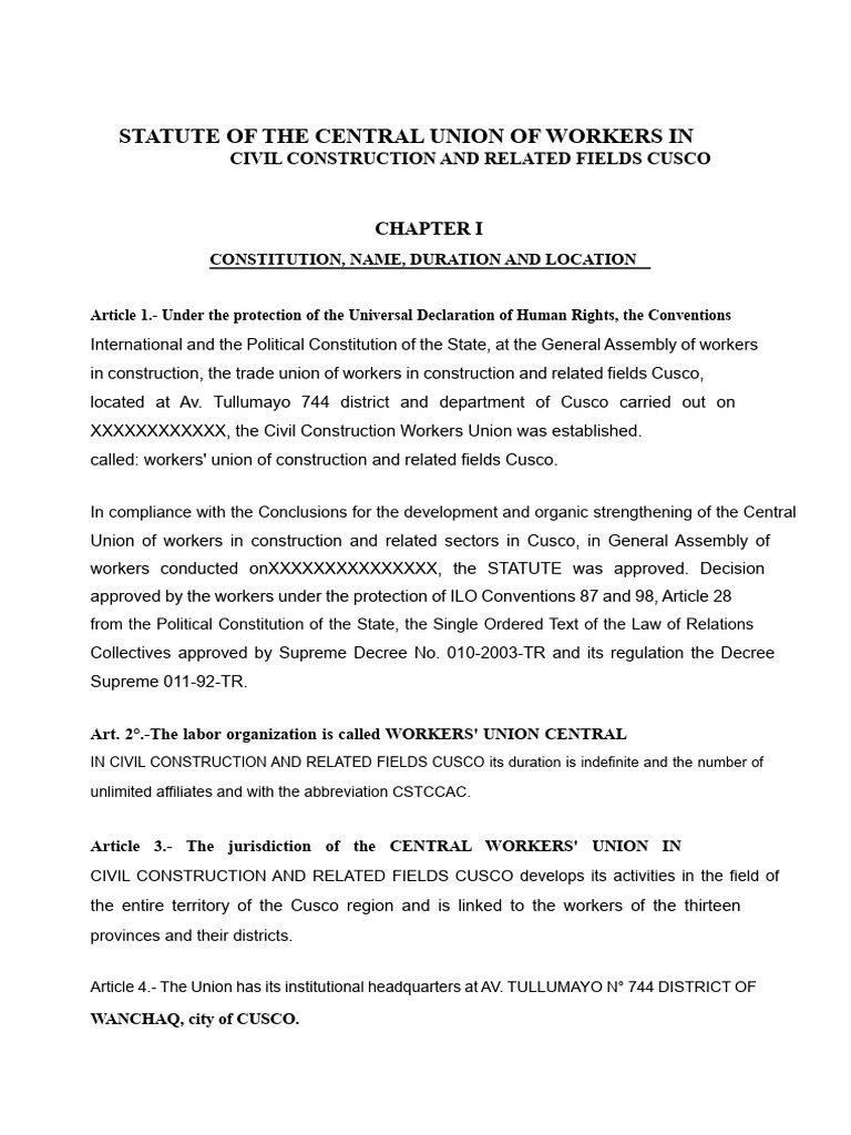 Central Union of Workers Statute Cusco | PDF | Occupational Safety And ...