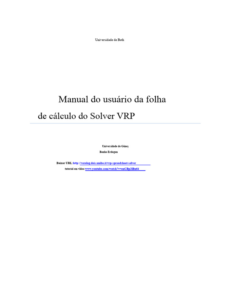 Manual do Solver VRP em Excel | PDF | Microsoft Excel | Tempo
