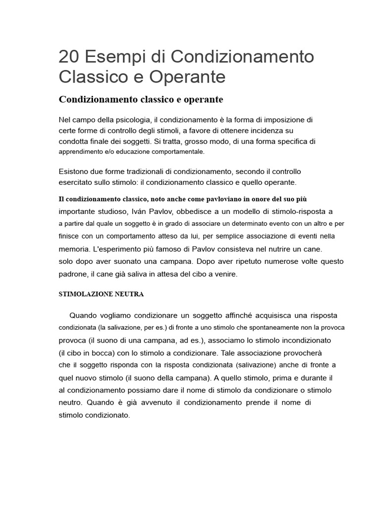 20 Esempi Di Condizionamento Classico e Operante | PDF