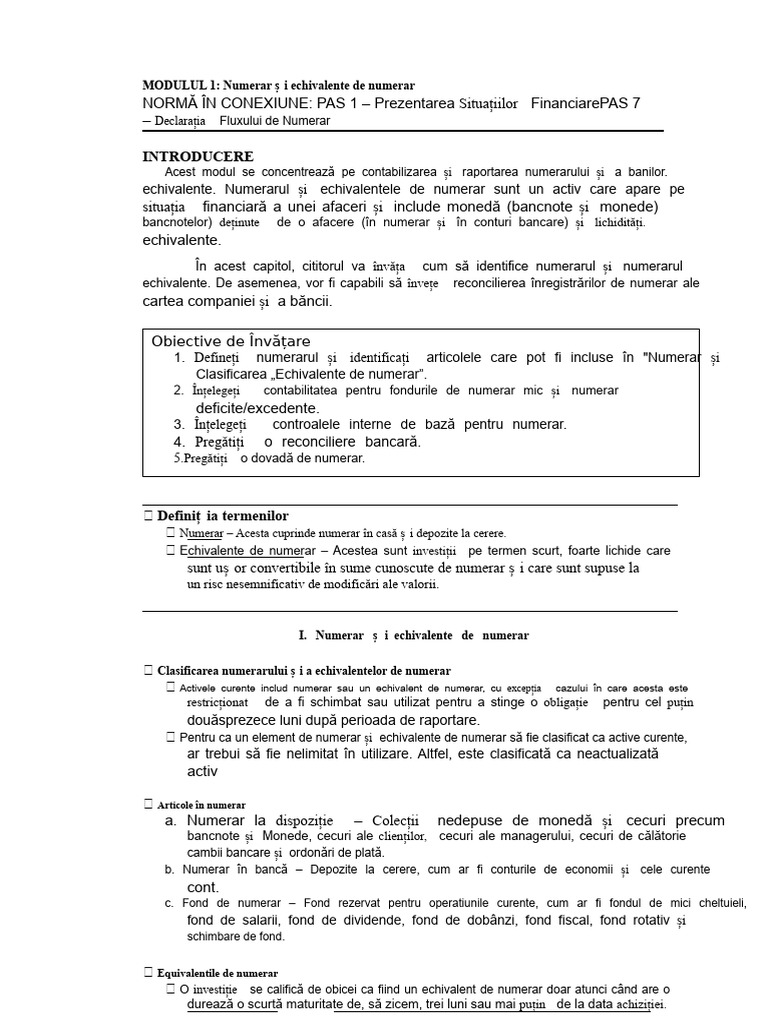Modulul 1 - Numerar Și Echivalente de Numerar | PDF