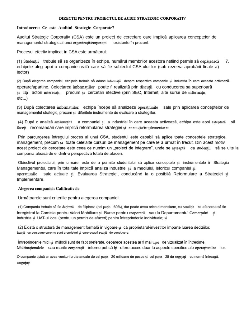 Ghiduri Pentru Proiectul de Audit Strategic Corporativ | PDF