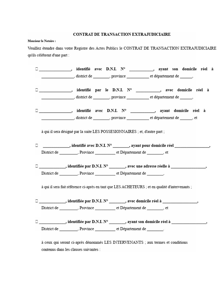 Contrat de Transaction Extrajudiciaire | PDF | Droits de tradition ...