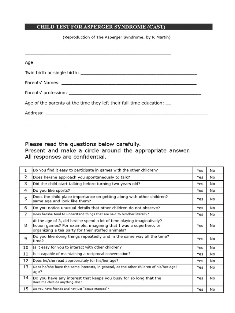 Asperger Syndrome Child Test (CAST) | PDF | Autism | Mental Disorder