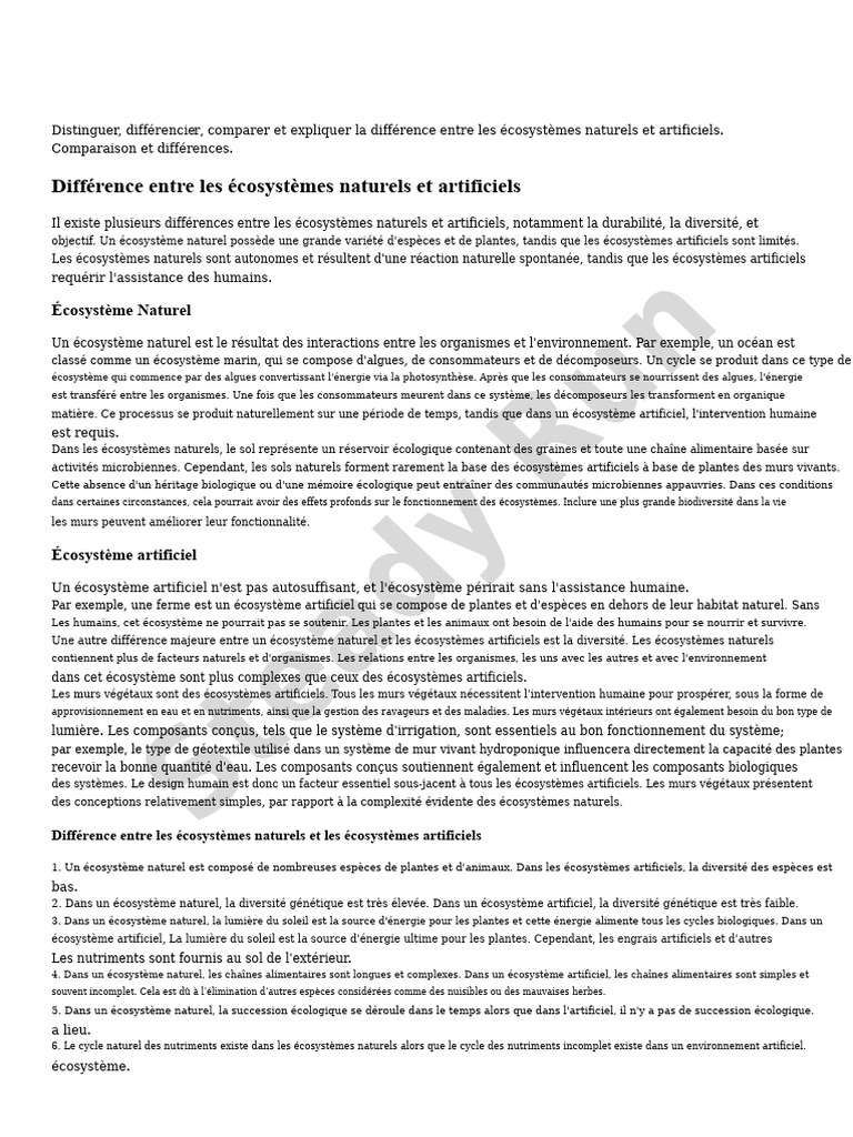 Différences entre écosystèmes naturels et artificiels | PDF ...