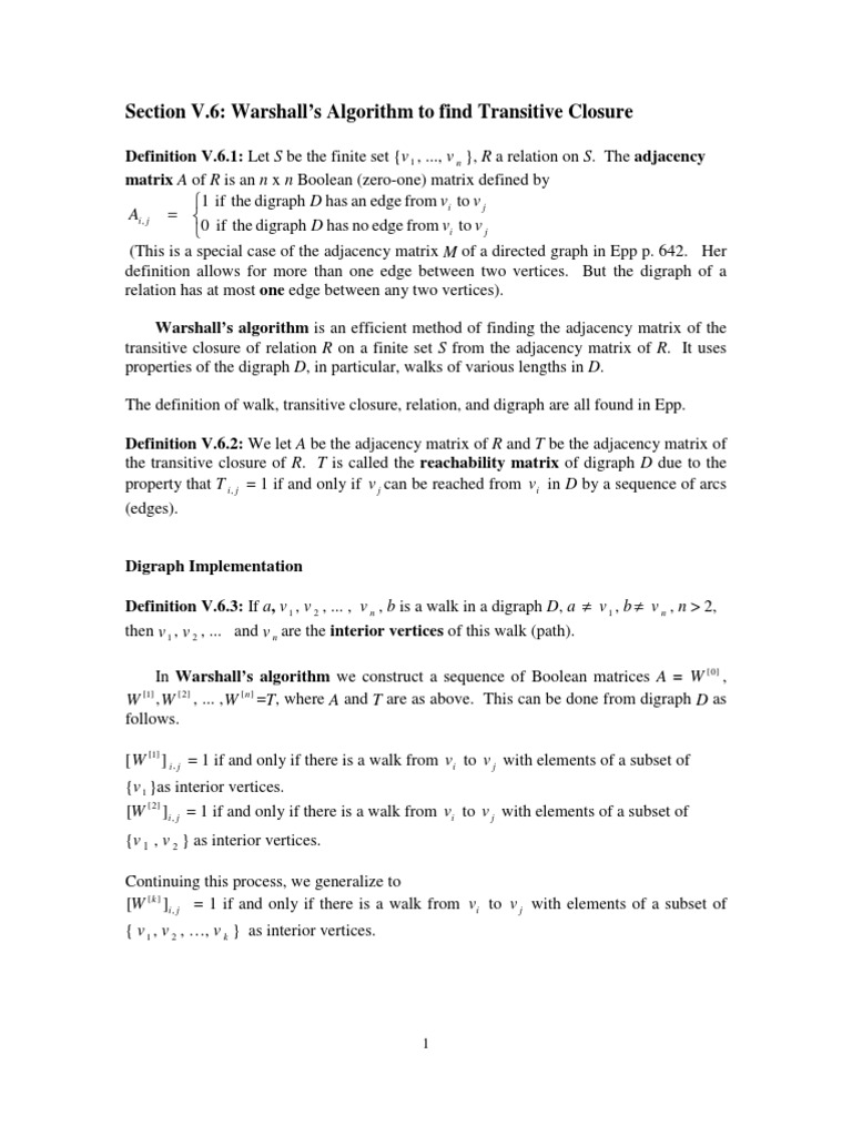 Section V.6: Warshall's Algorithm To Find Transitive Closure | PDF