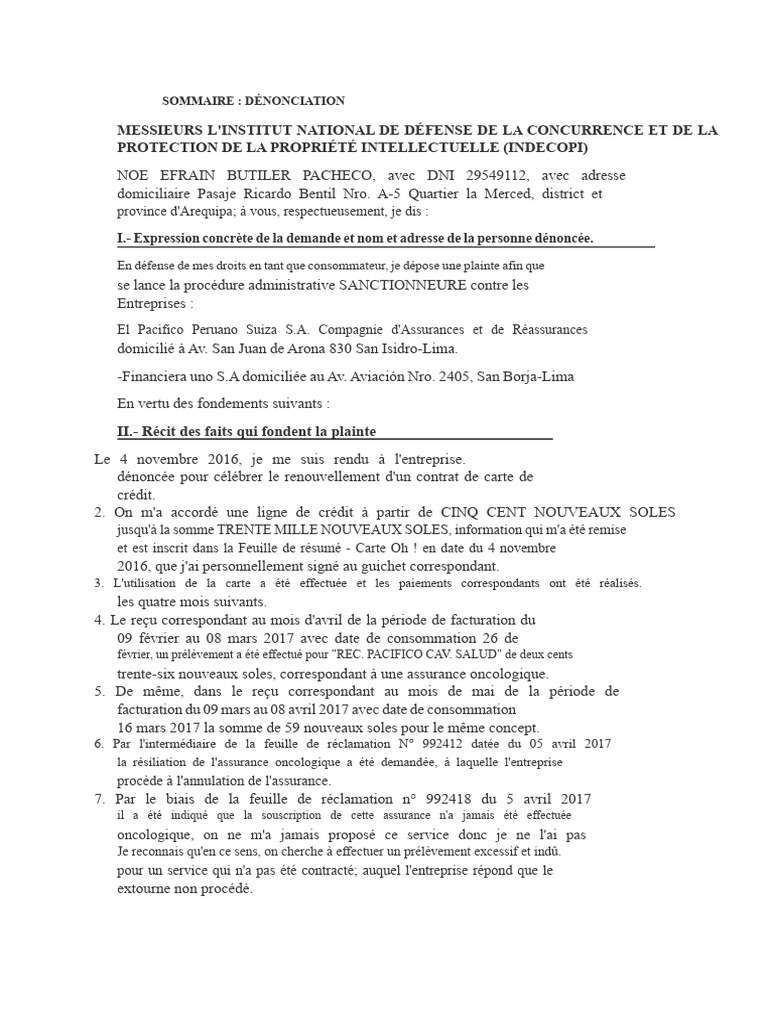 Modèle de Plainte INDECOPI | PDF | Crédit | Finance et gestion monétaire