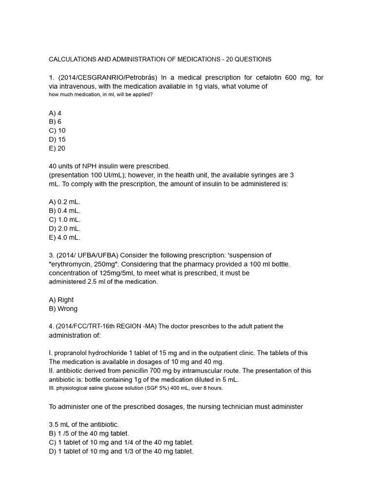 Medication Calculation Quiz: 20 Questions | PDF | Saline (Medicine ...