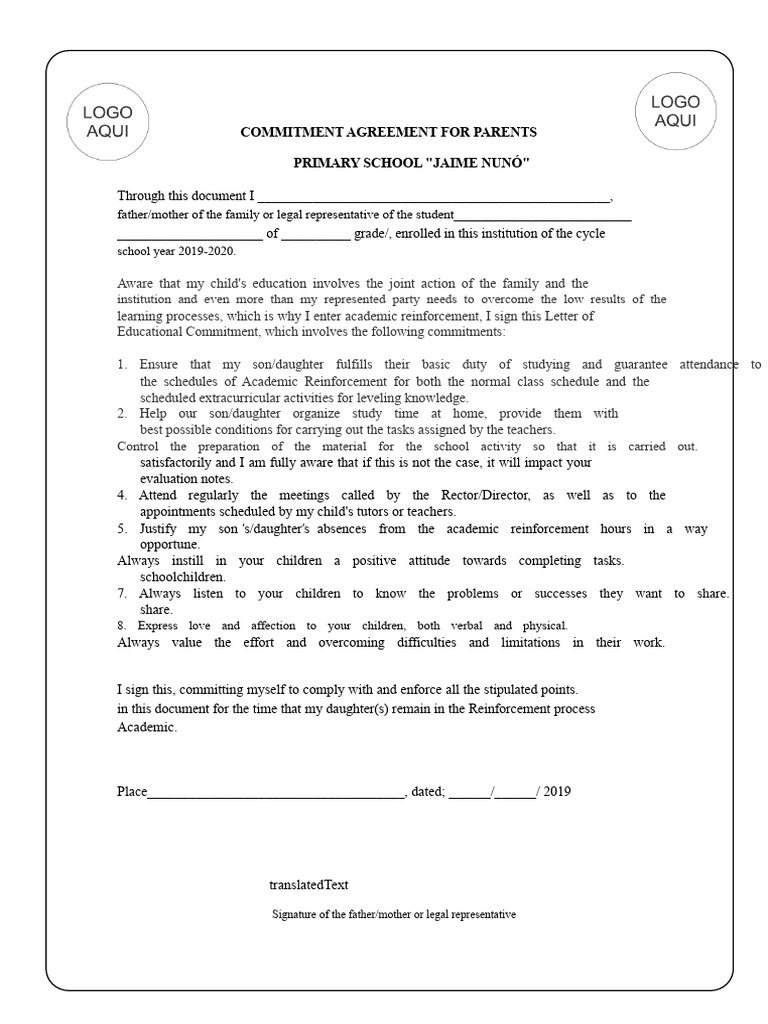 Parent Commitment Agreement for School | PDF | Teachers | Behavioural ...