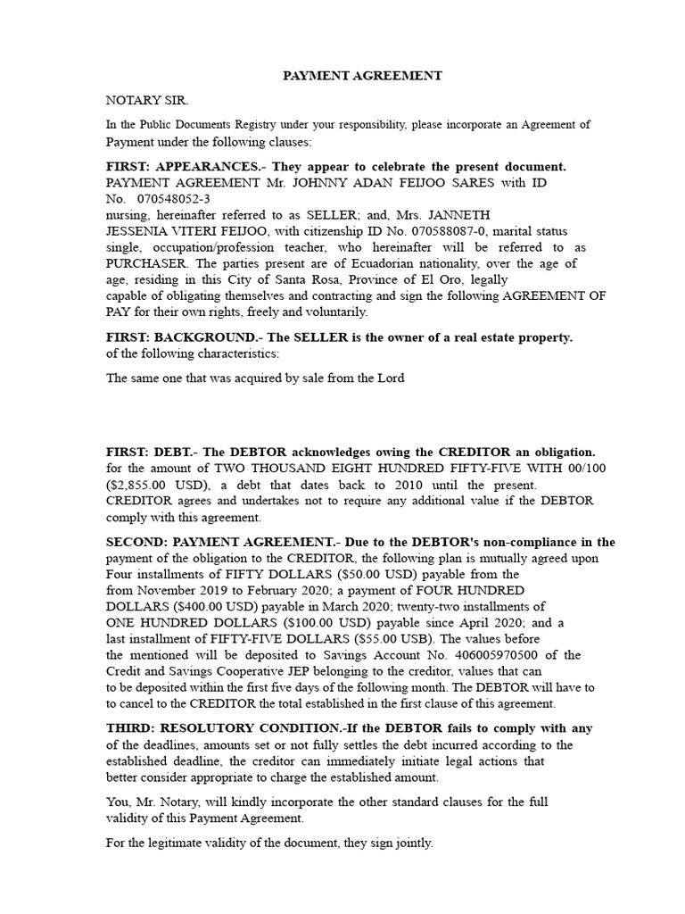 Payment Agreement Template | PDF | Payments | Debtor