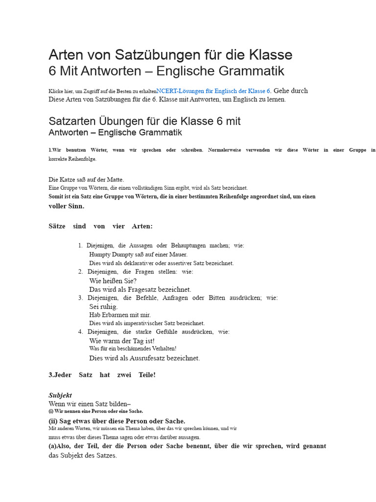 Satzarten Übungen Für Die Klasse 6 Mit Antworten | PDF