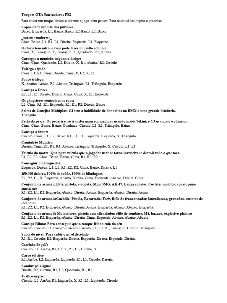Truques de Nitro para GTA San Andreas PS2 | PDF | Tanques