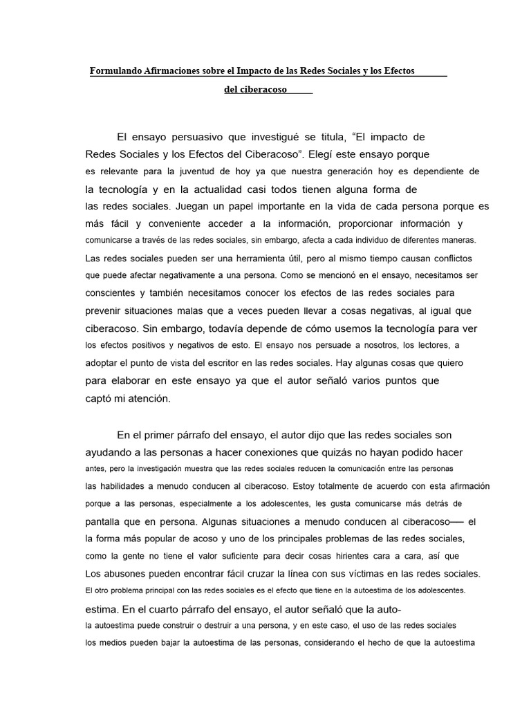 Impacto de Redes Sociales y Ciberacoso | PDF | Acoso cibernético ...