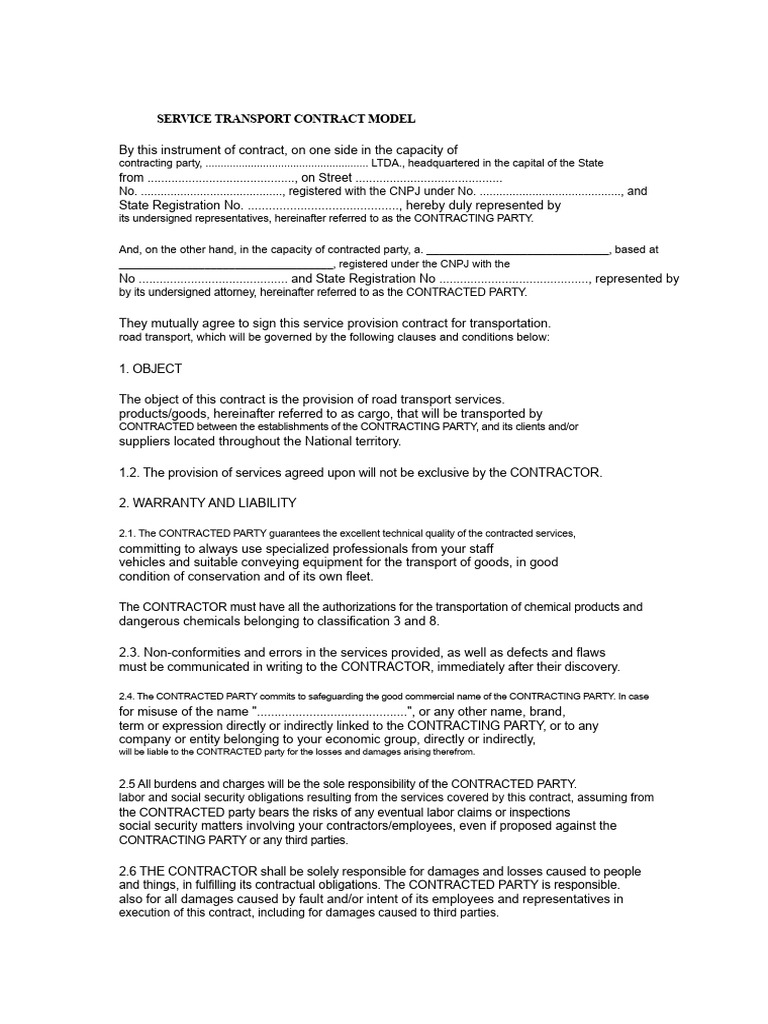 Road Transport Service Contract Template | PDF | Insurance | Taxes