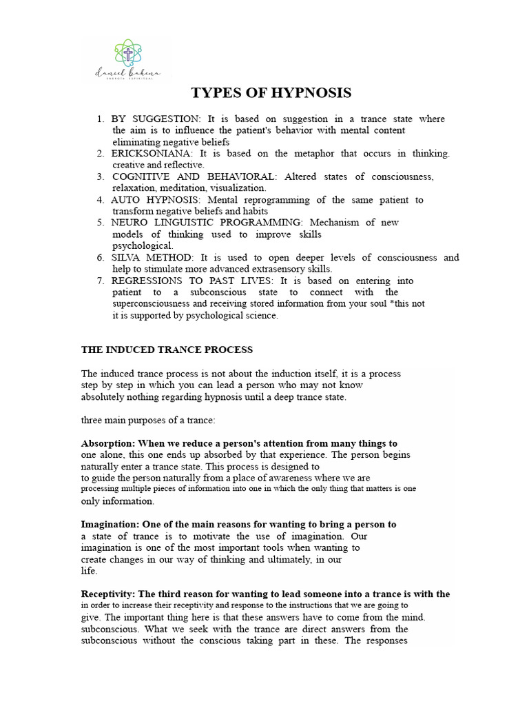 Types and Techniques of Hypnosis | PDF | Hypnosis | Relaxation (Psychology)