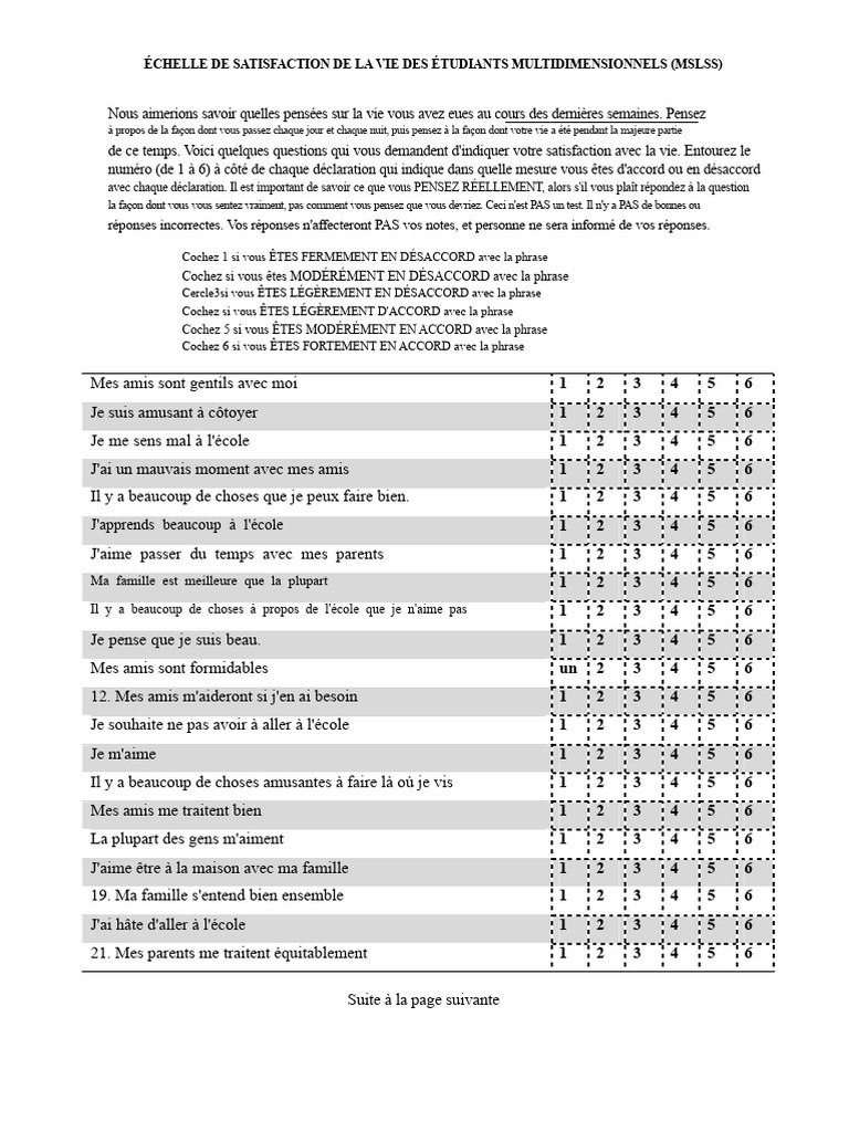 Échelle de Satisfaction de Vie Des Étudiants Multidimensionnelle (MSLSS ...