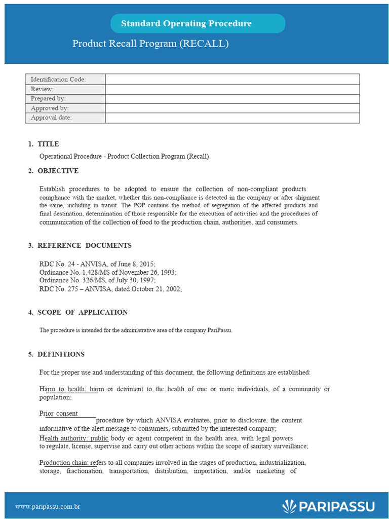 Product Recall SOP for Non-Compliant Items | PDF | Regulatory ...