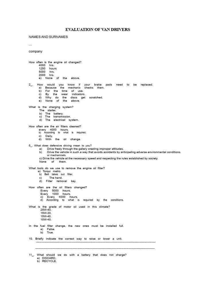 Van Driver Evaluation Questionnaire | PDF | Driving | Brake