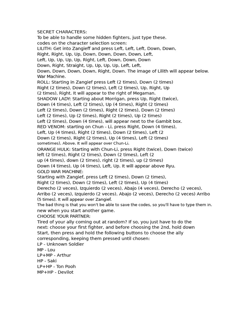 MVC1 Secret Character Codes Guide | PDF | Capcom