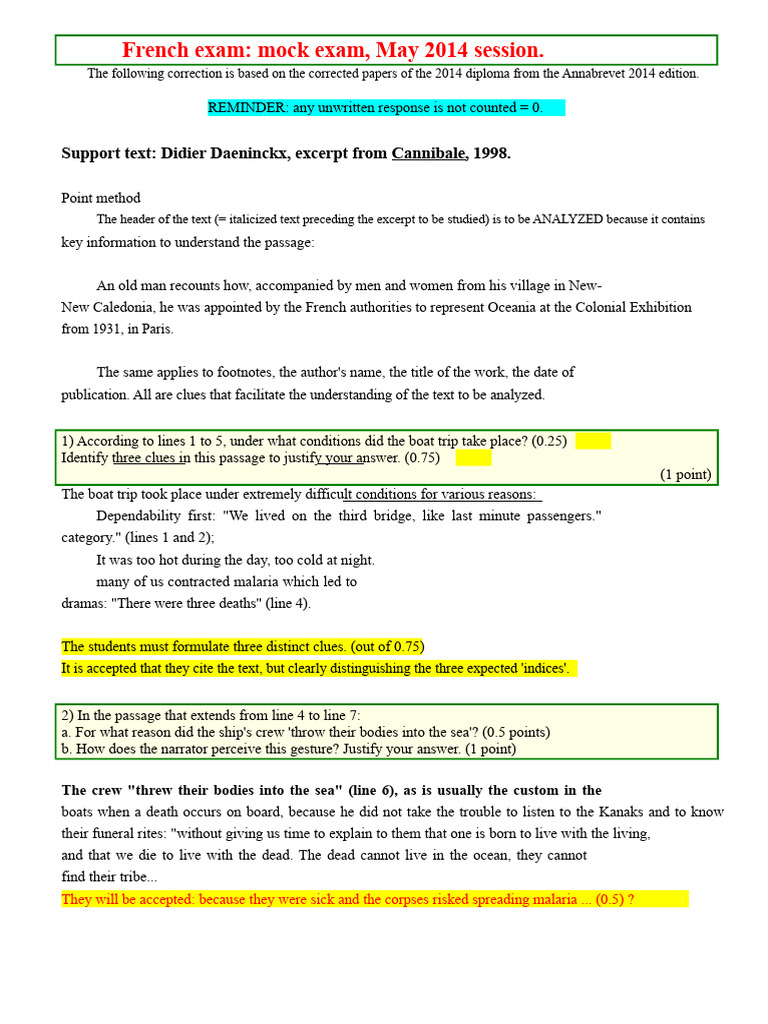 2014 French Mock Exam Analysis Guide | PDF | Linguistics | Syntax