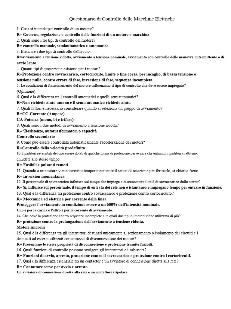Questionario Di Controllo Delle Macchine Elettriche | PDF
