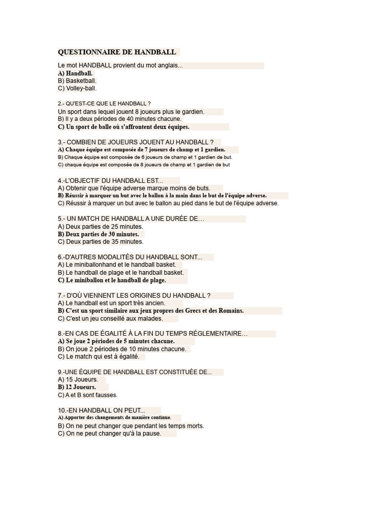 Questionnaire sur le Handball | PDF | Des sports | Sports d'équipe