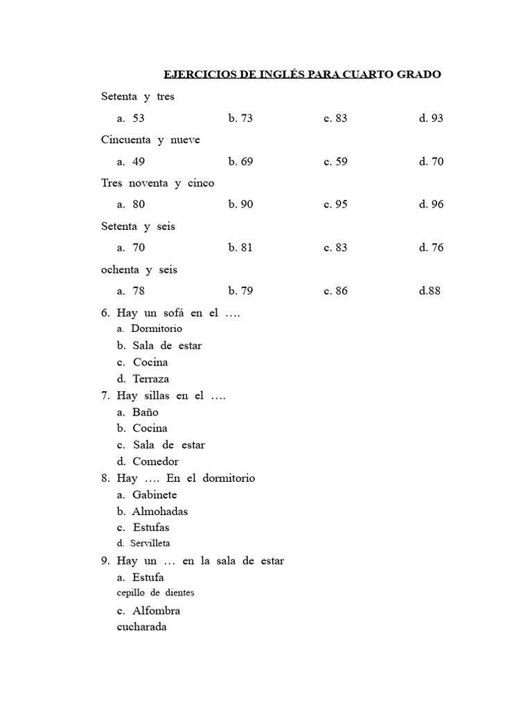 Ejercicios de Inglés para Cuarto Grado | PDF