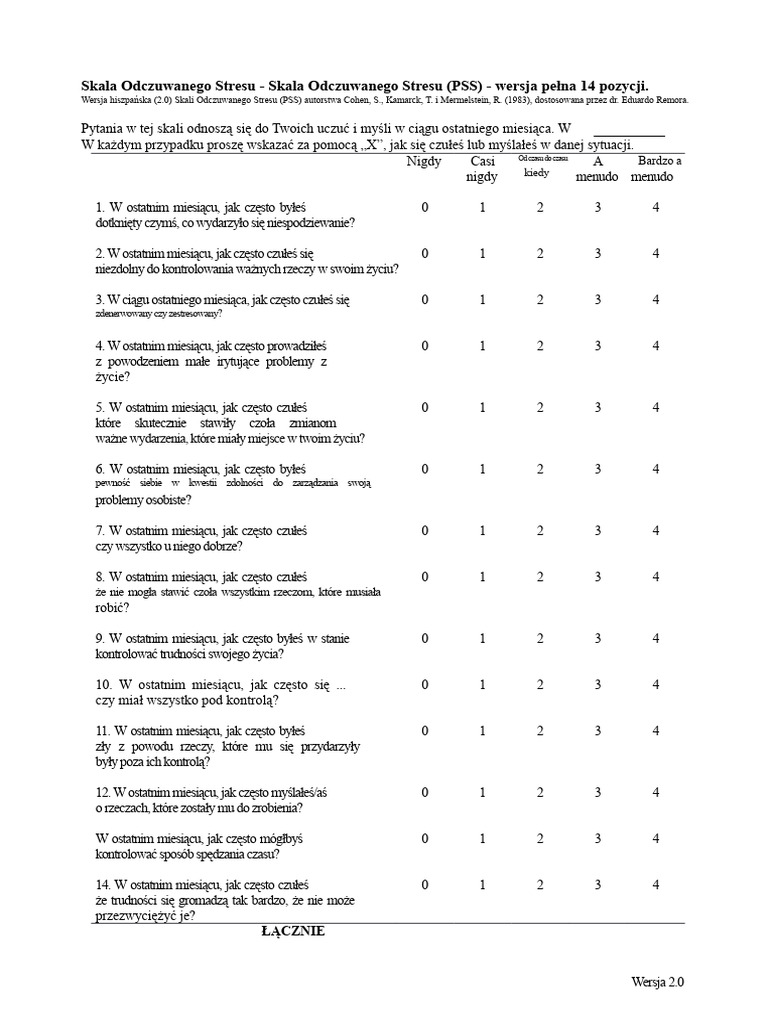 Skala Postrzeganego Stresu PSS | PDF