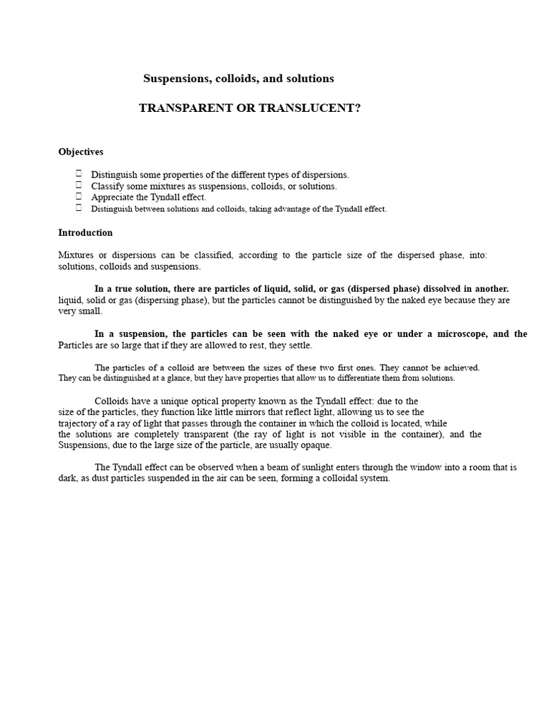 Differences Between Solutions and Colloids | PDF | Colloid | Suspension ...