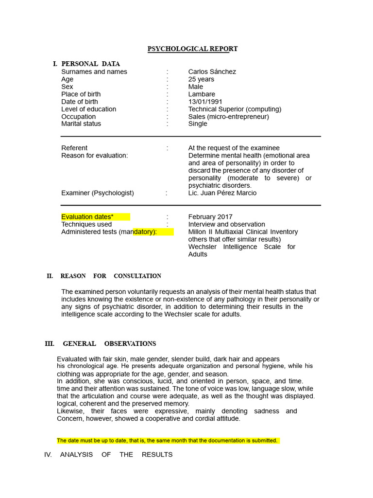 Psychological Evaluation Report Summary | PDF | Mental Health | Mental ...
