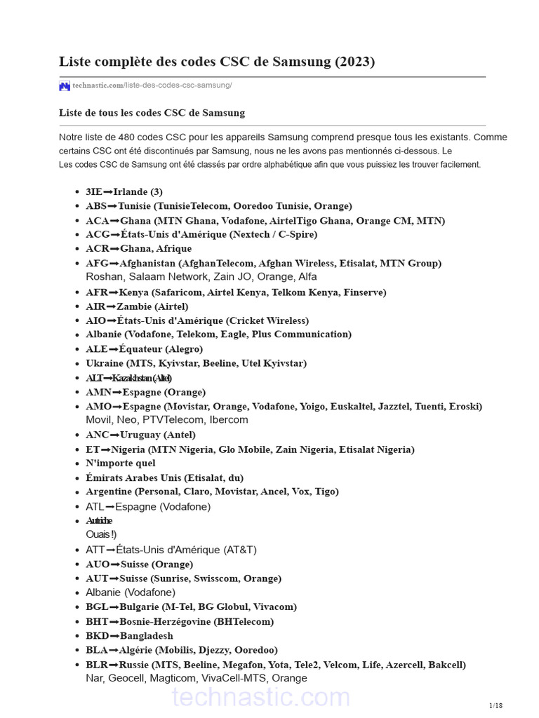 Codes CSC Samsung : Liste 2023 | PDF | Technologie mobile | Sociétés