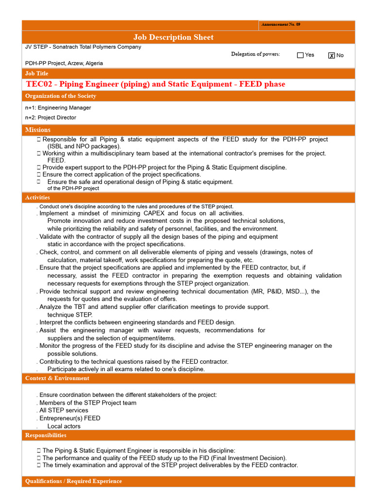 Piping Engineer Job Description - PDH-PP Project | PDF | Specification ...