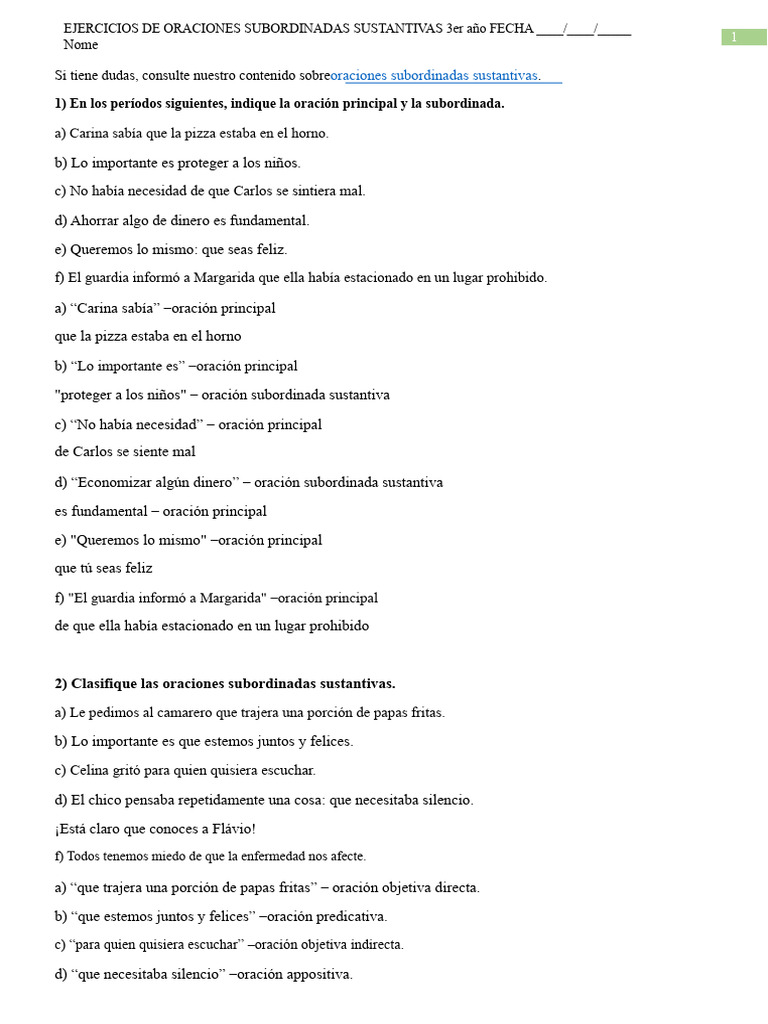 Ejercicios de Oraciones Subordinadas | PDF | Oración (Lingüística ...