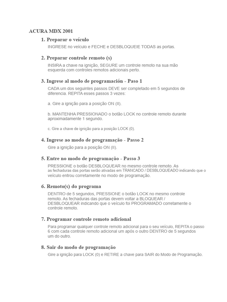 Programação do Controle Remoto Acura MDX 2001 | PDF