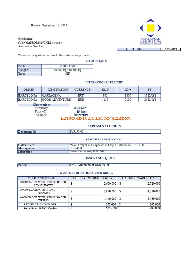 International Freight Quote Details | PDF | Logistics | Cargo
