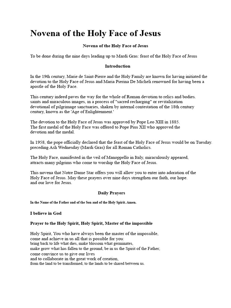 Novena Prayers to the Holy Face of Jesus | PDF | Jesus | God The Father