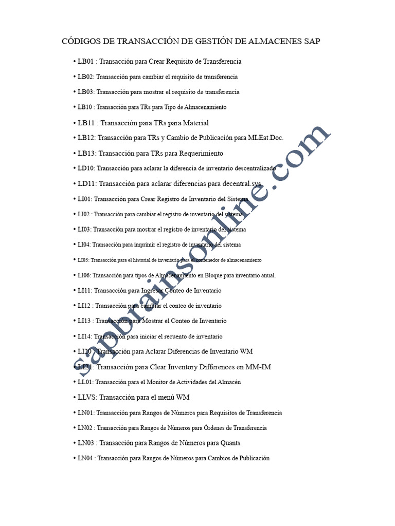 Códigos de Transacción SAP Almacenes | PDF | Tecnologías de la ...