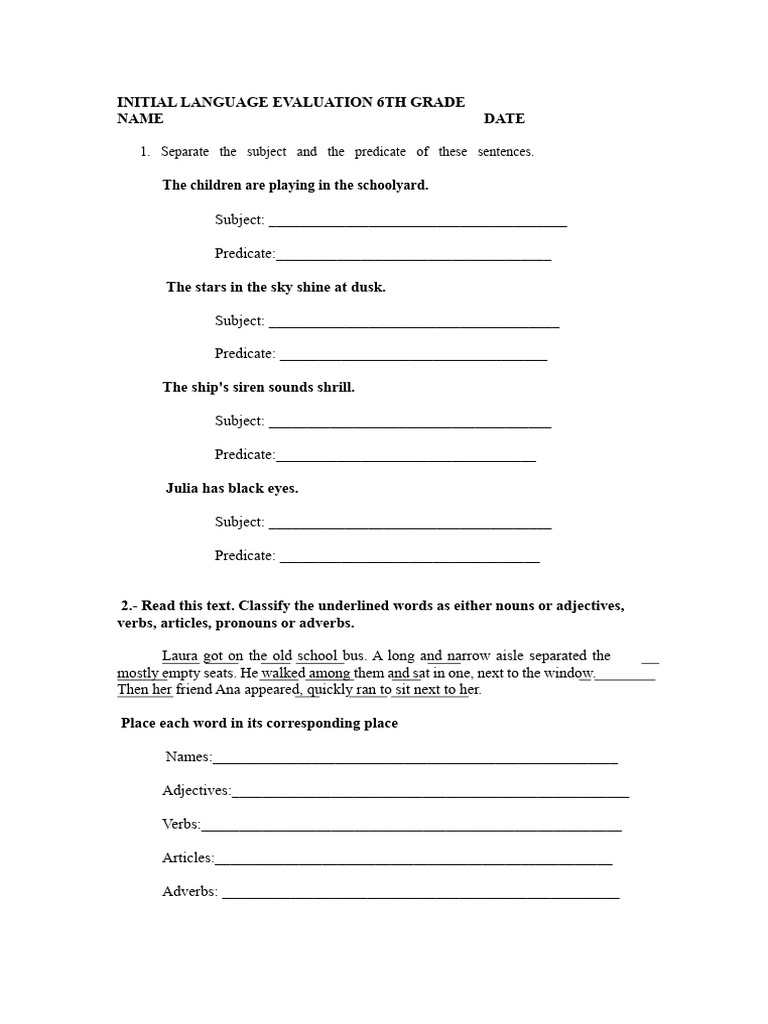 Language Evaluation for 6th Grade | PDF | Subject (Grammar) | Word