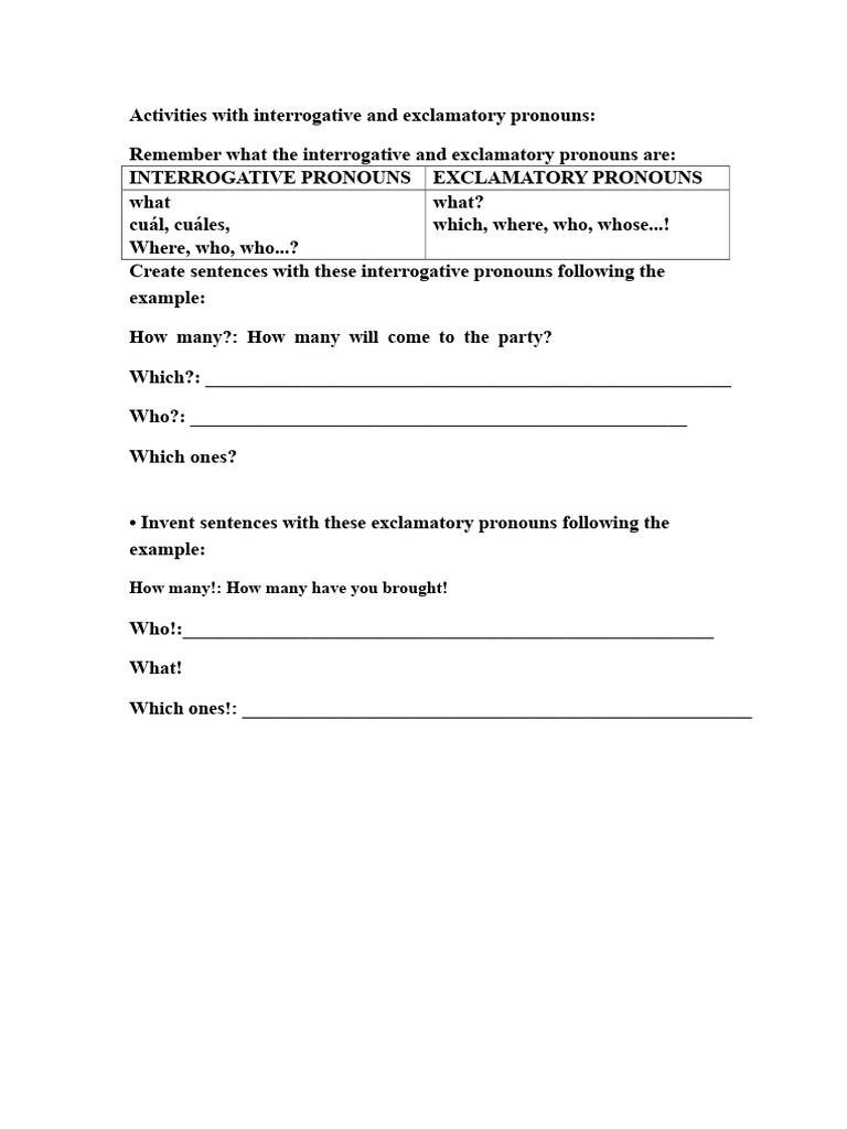 Activities Interrogative and Exclamatory Pronouns | PDF