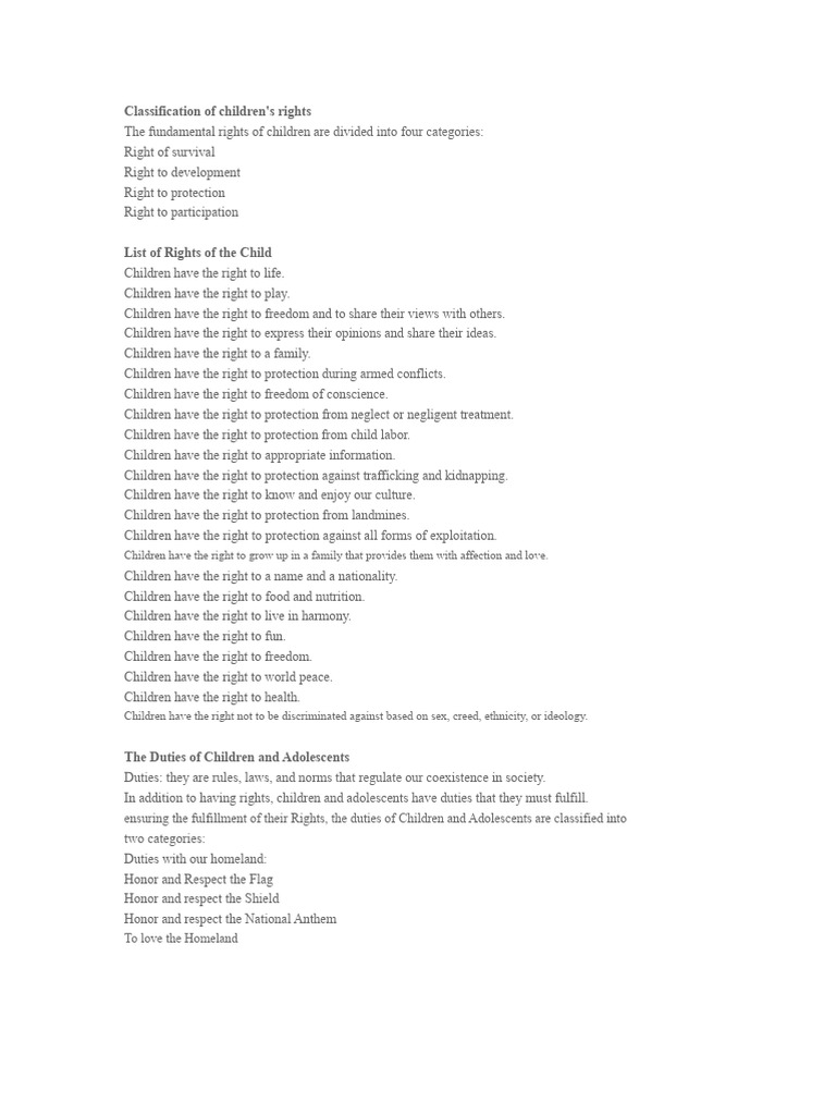 Classification of Children's Rights and Duties | PDF | Children's ...