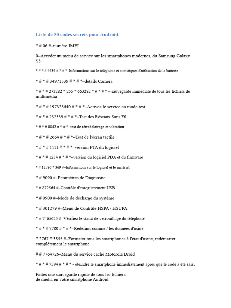 Codes Secrets Android à Connaître | PDF | Téléphone intelligent ...
