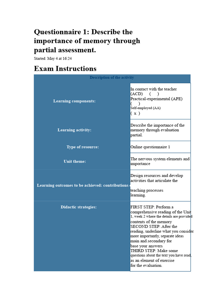 Neuroscience Questionnaire | PDF | Memory | Brain