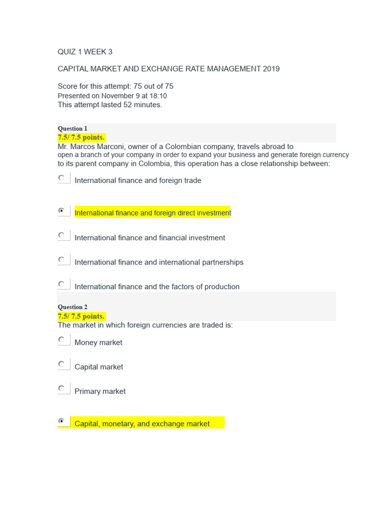 Quiz 1 Week 3 Capital Markets and Exchange Rate Management | PDF ...