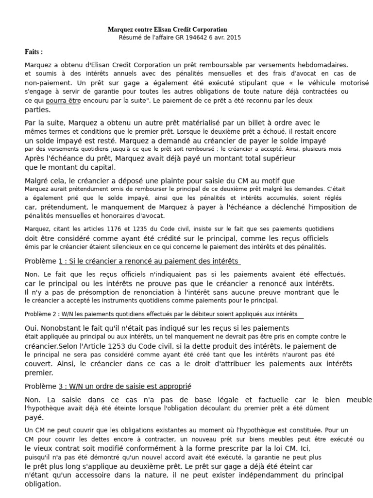 Saisie illégale : Affaire Marquez vs Elisan | PDF | Crédit | Finance et ...
