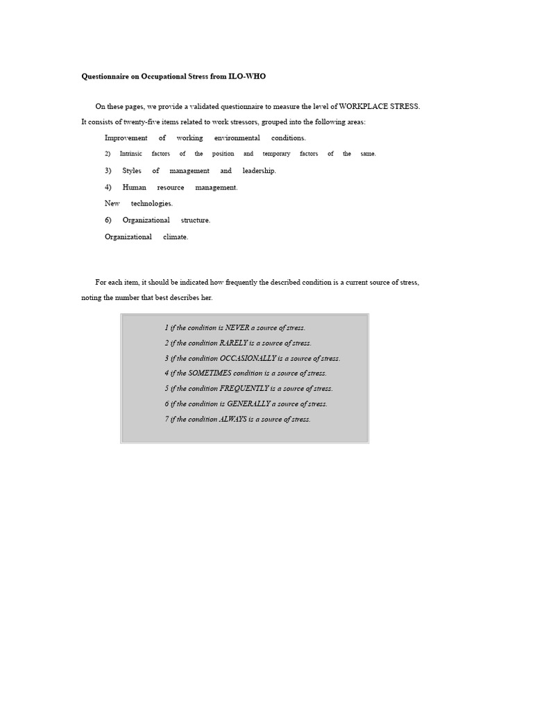 Occupational Stress Questionnaire ILO-WHO | PDF | Occupational Stress ...